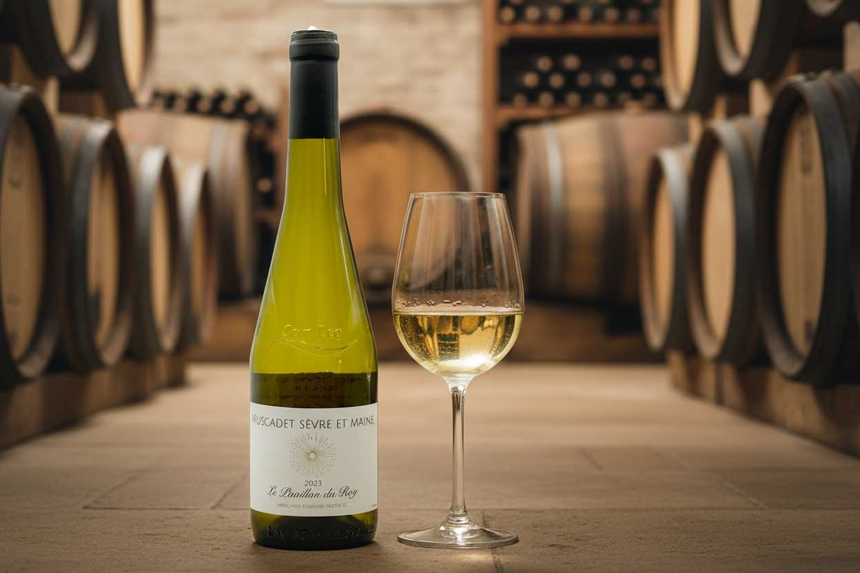 2023 Bottle and glass of white wine in a wine cellar with barrels in the background