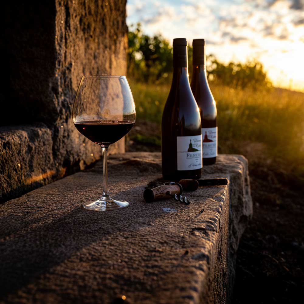 Wine glass and bottles on a stone ledge with sunset background