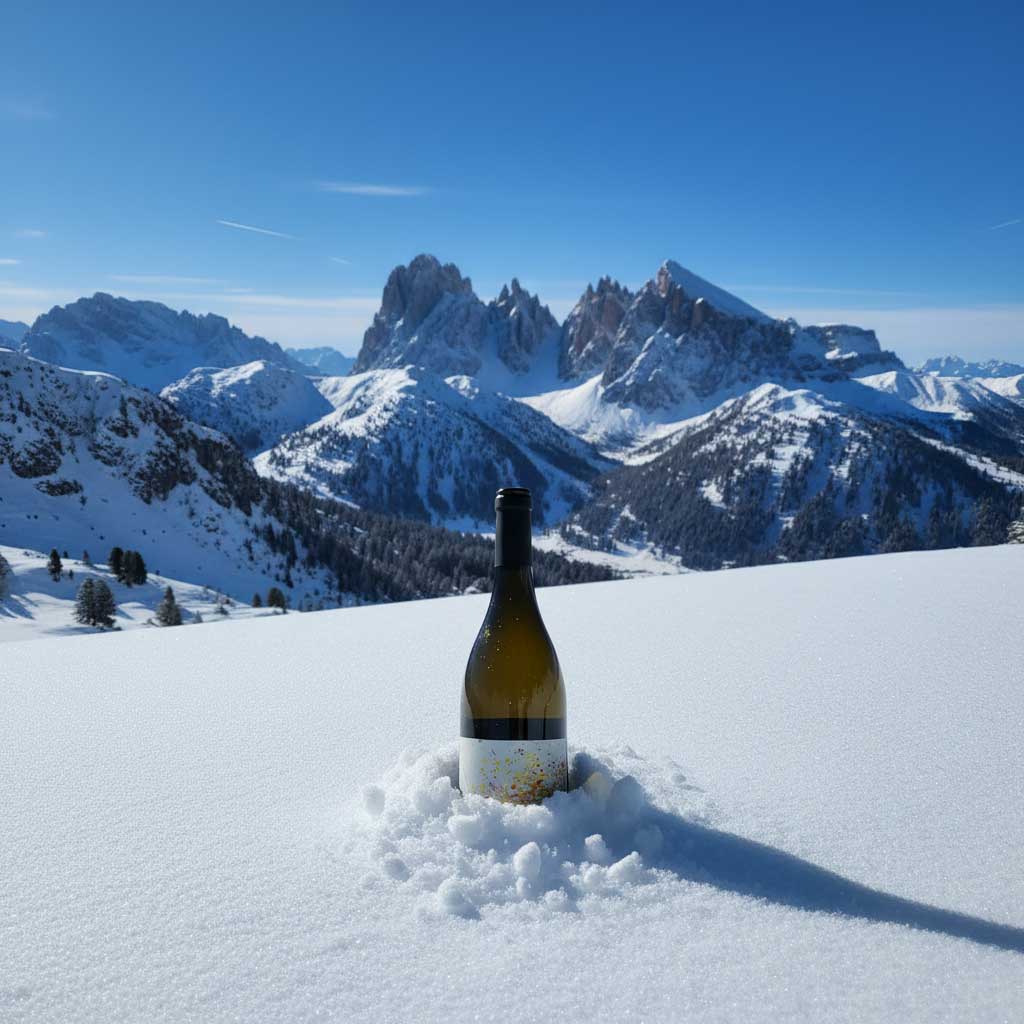 Bresolin Bio wine bottle in the snow with a mountainous landscape in the background